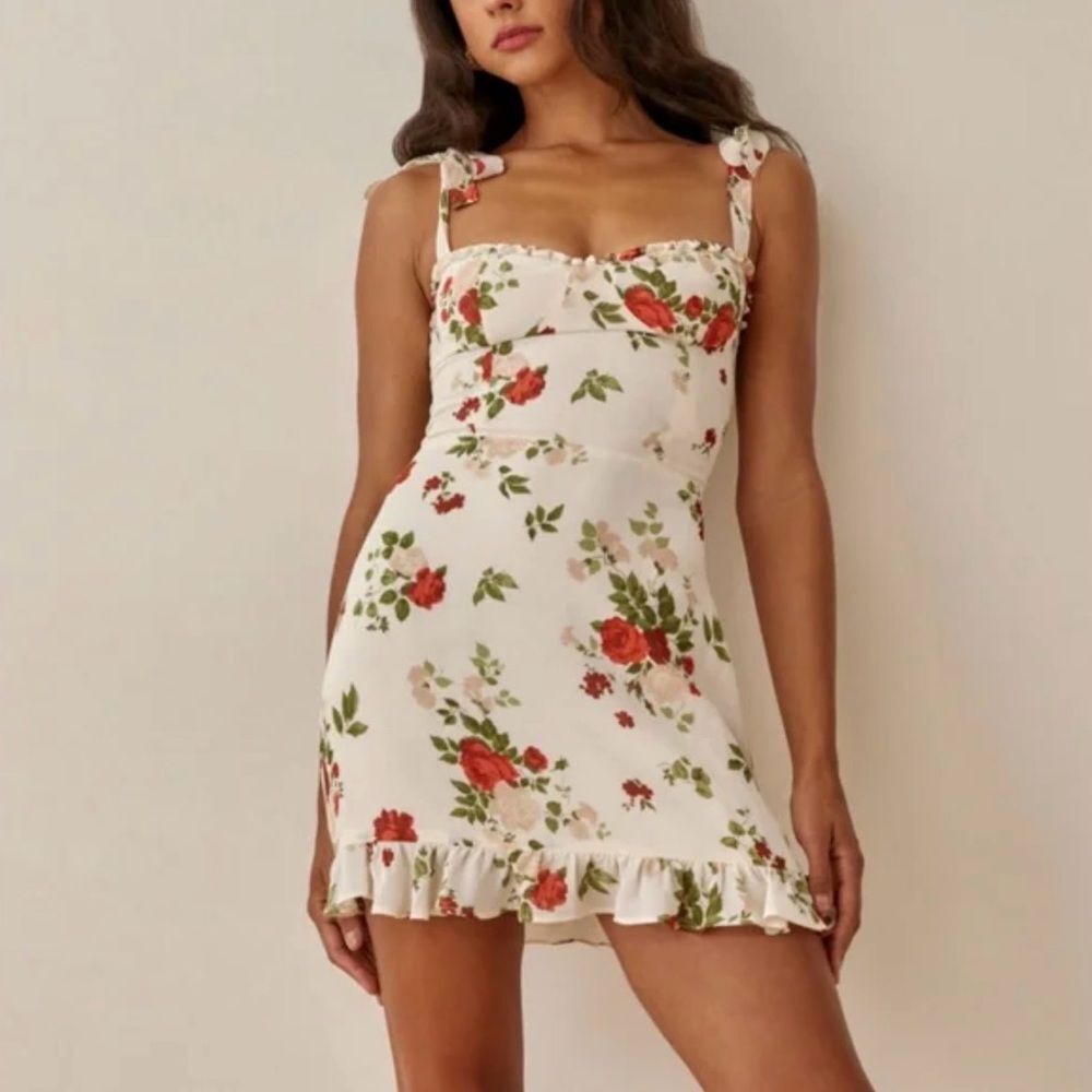 REFORMATION Christine Ruffle Mini Dress Florence Floral Print Size 6 $218